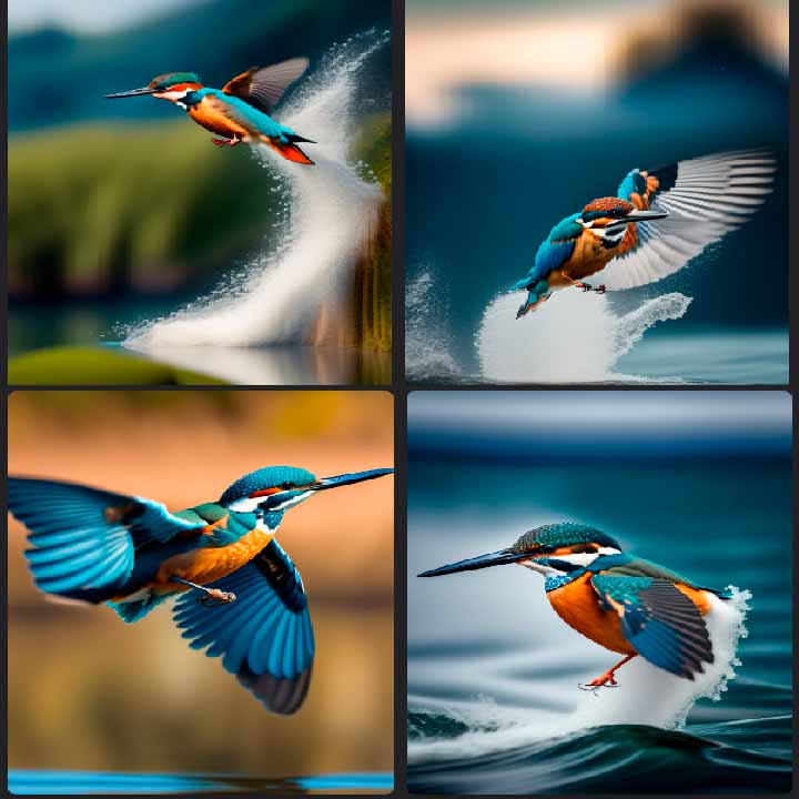 a photograph of A Kingfisher bird flying low over the water, with a background that evokes speed, in realistic style, high quality, cozy.