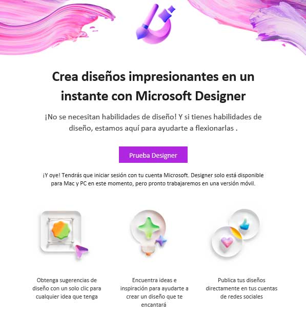 Microsoft designer correo aceptacion