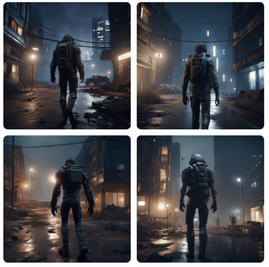A humanoid, in the center of the image, walking through a post-apocalyptic world, among buildings, at night, hyper-realistic, using Unreal Engine, 8k resolution.
